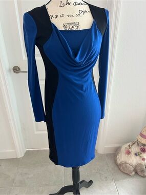 ELF Blue and Black Cowl-Neck Long Sleeve Sheath Dress